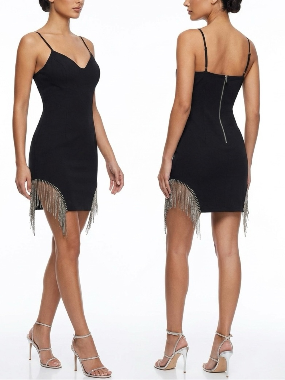 Black Spaghetti Strap Mini Dress Party Padded with Rhinestones Fringe Hem Size S